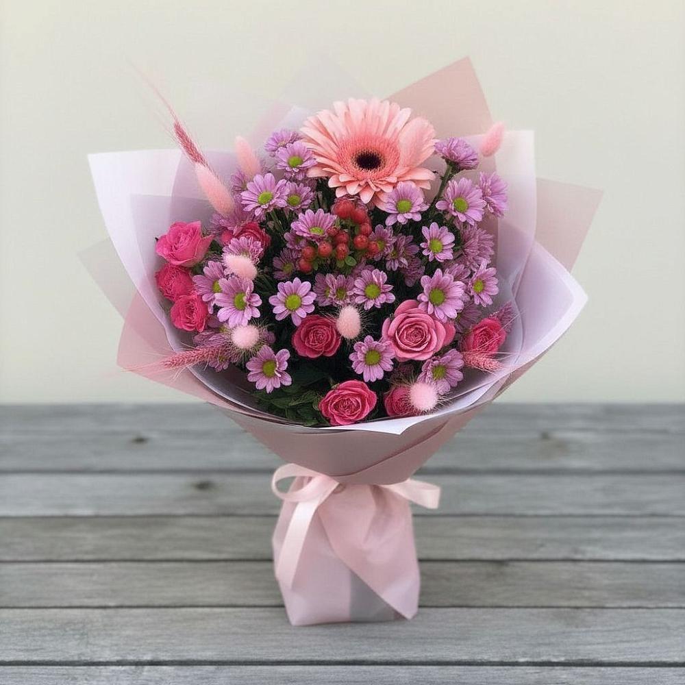 Букет цветов из: Розы, Герберы и Хризантемы в Орда