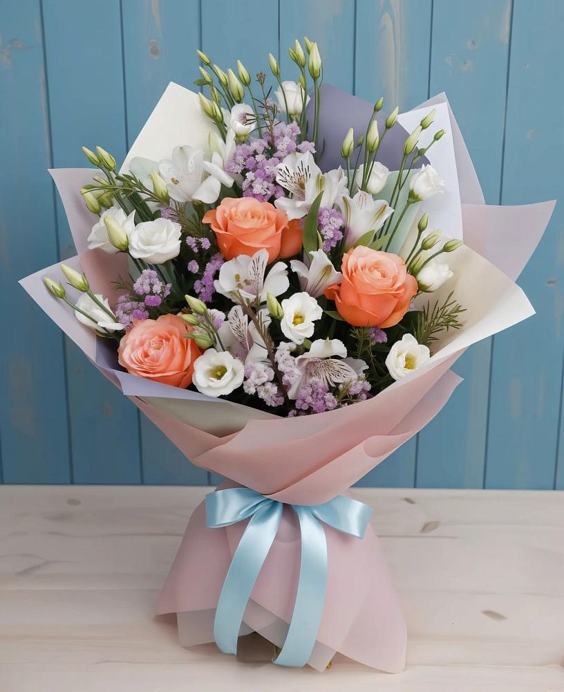 Букет цветов из: Лизиантусы, Розы, Альстромерии и Гипсофила в Орда